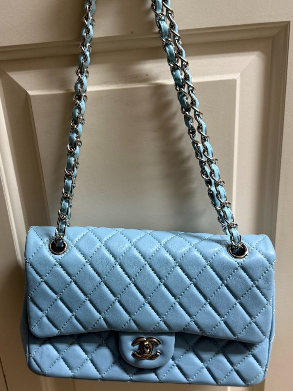 STUNNING Leather Fashion Handbag In Baby Blue with Silver Hardware-Double Flap!